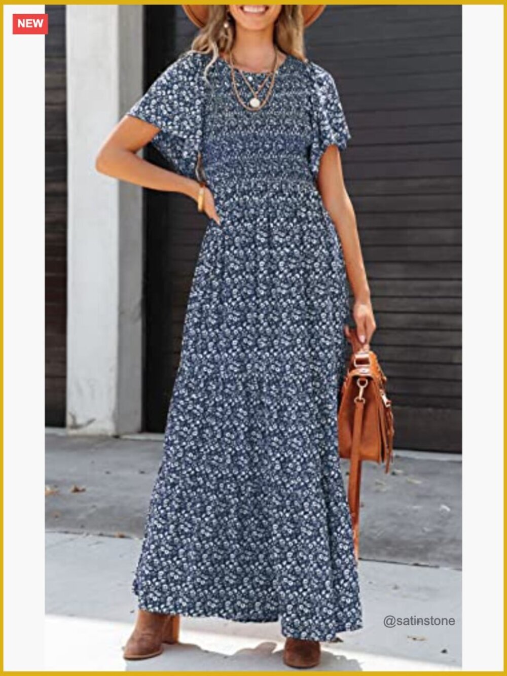 Flutter Short Sleeve Smocked Tiered Maxi Dress Casual Boho Floral - Picture 3 of 7